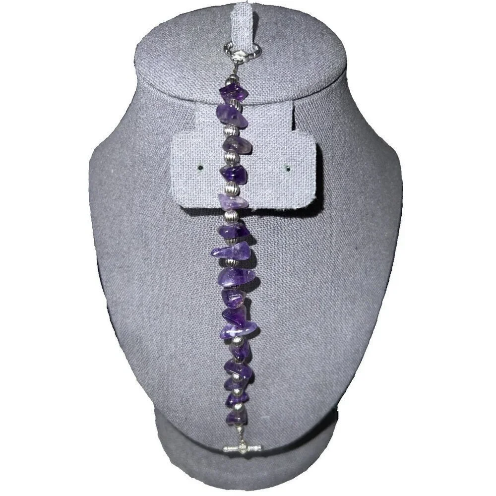 Sterling Silver Hearts Toggle Clasp Amethyst and Silver Beaded Bracelet 7.25 In